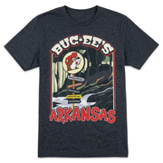 Buc-ee’s Arkansas All Signs charcoal tee with a forest and stream graphic, beaver logo signpost, and red “Arkansas”