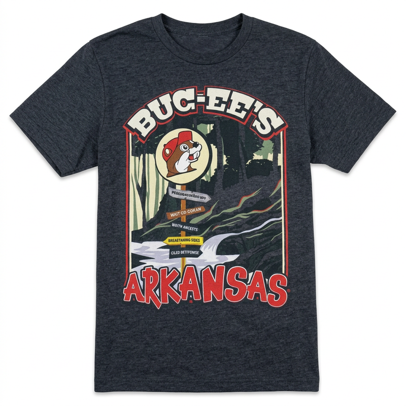 Buc-ee’s Arkansas All Signs charcoal tee with a forest and stream graphic, beaver logo signpost, and red “Arkansas”