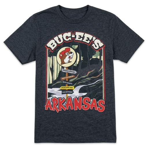 Buc-ee’s Arkansas All Signs charcoal tee with a forest and stream graphic, beaver logo signpost, and red “Arkansas”