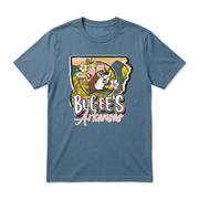 Buc-ee’s Arkansas Blossoms teal tee with a state-shaped graphic of the beaver, white blossoms, mountains, and pink script