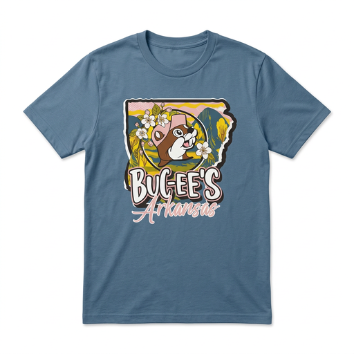 Buc-ee’s Arkansas Blossoms teal tee with a state-shaped graphic of the beaver, white blossoms, mountains, and pink script