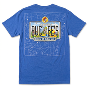 Back of the Buc-ee’s Arkansas Roadmap tee in blue with a license plate graphic reading “Follow Me to Buc-ee’s” over a road map