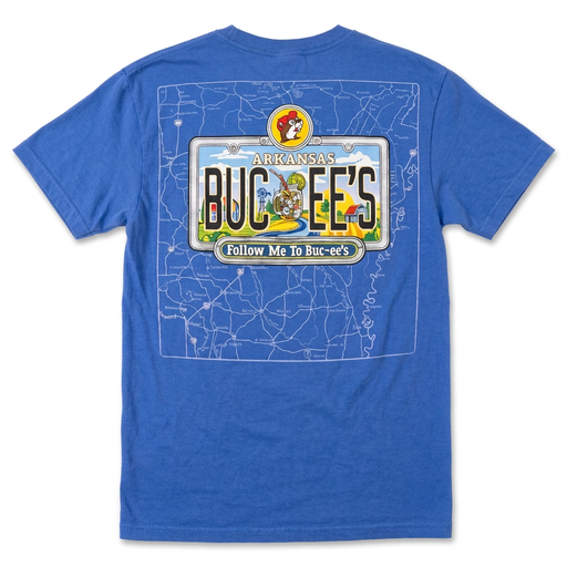 Back of the Buc-ee’s Arkansas Roadmap tee in blue with a license plate graphic reading “Follow Me to Buc-ee’s” over a road map