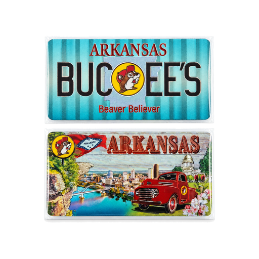 Two-sided Buc-ee's Arkansas magnet: teal license plate and red truck scenic design