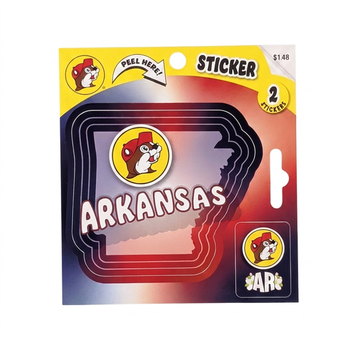 Buc-ee’s Arkansas Map Sticker 2-pack with a red, white, and blue Arkansas state outline sticker and a small “AR” beaver logo sticker
