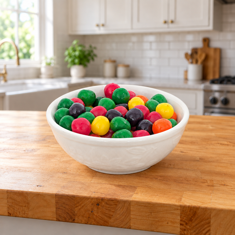 Buc-ee's Assorted Fruit Sours piled in a white bowl on a butcher block kitchen counter, a colorful candy dish for sharing
