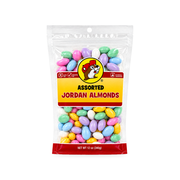 Buc-ee's Assorted Jordan Almonds in a 12 oz clear bag, pastel candy-coated almonds labeled gluten free
