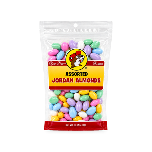 Buc-ee's Assorted Jordan Almonds in a 12 oz clear bag, pastel candy-coated almonds labeled gluten free
