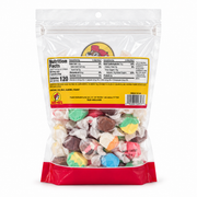 Back of Buc-ee’s Assorted Salt Water Taffy bag showing nutrition facts, 120 calories per 3-piece serving, and ingredients