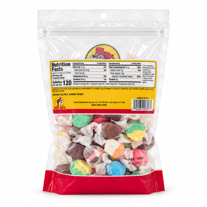 Back of Buc-ee’s Assorted Salt Water Taffy bag showing nutrition facts, 120 calories per 3-piece serving, and ingredients