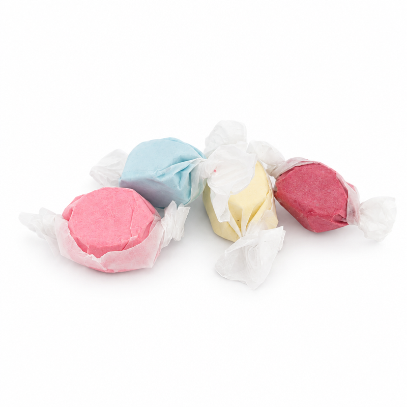 Buc-ee's Assorted Saltwater Taffy from the 12 oz bag, with pink, blue, yellow, and red pieces twisted in white wax paper
