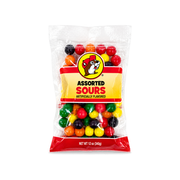 Buc-ee's Assorted Sours candy in a 12 oz clear bag, filled with red, orange, yellow, green, and dark purple sour candy balls