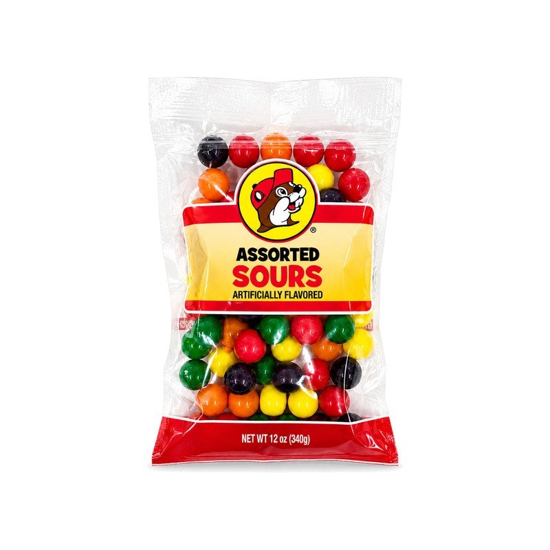 Buc-ee's Assorted Sours candy in a 12 oz clear bag, filled with red, orange, yellow, green, and dark purple sour candy balls