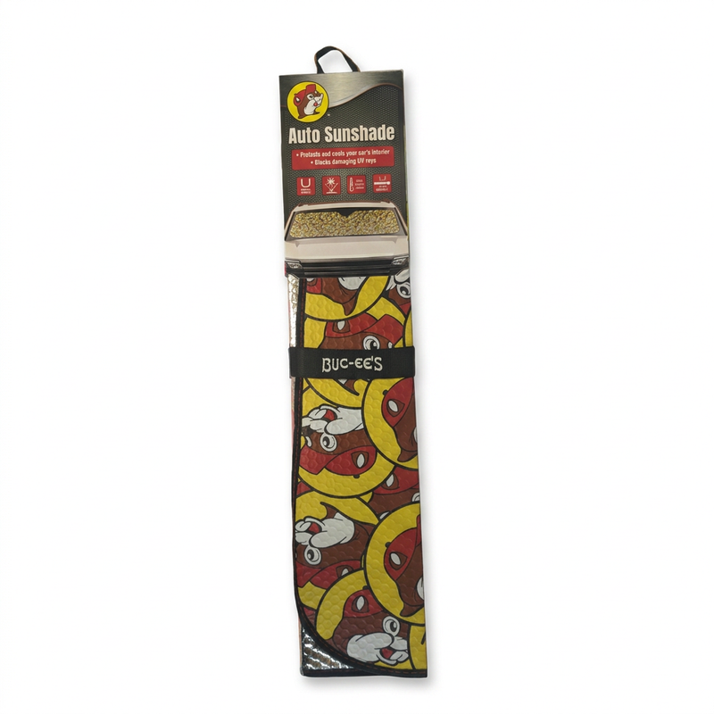 Buc-ee’s Auto Sun Shade folded in its package, with an all-over beaver logo print, a silver reflective back, and a strap