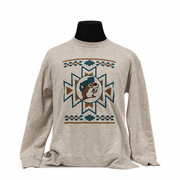 Buc-ee's Aztec Fleece Sweater Tunic, oatmeal crewneck with teal and brown geometric print and beaver logo