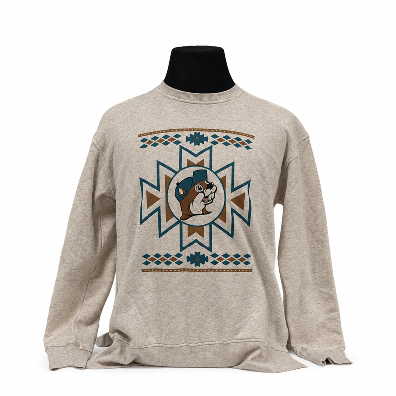 Buc-ee's Aztec Fleece Sweater Tunic, oatmeal crewneck with teal and brown geometric print and beaver logo