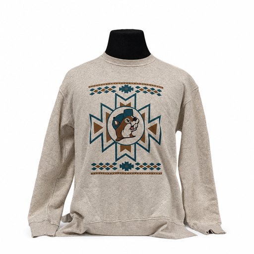 Buc-ee's Aztec Fleece Sweater Tunic, oatmeal crewneck with teal and brown geometric print and beaver logo