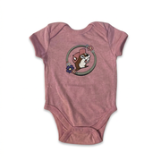 Buc-ee’s baby onesie in heather pink with the floral beaver logo, lap shoulder neckline, and snap bottom