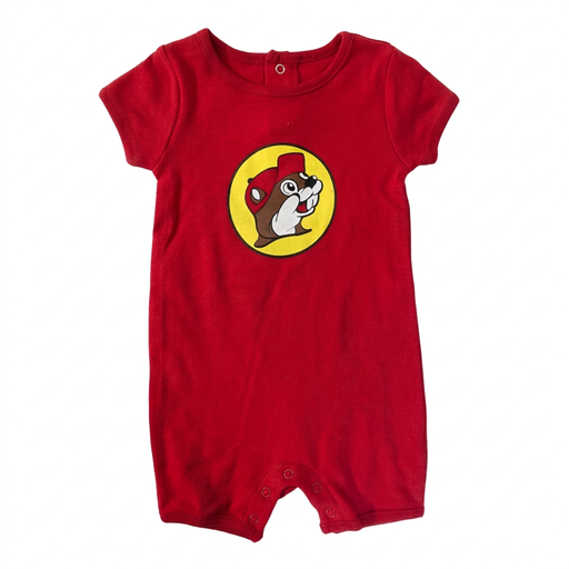 Buc-ee’s red baby romper with short sleeves, a yellow beaver logo on the chest, and snaps at the neck and legs