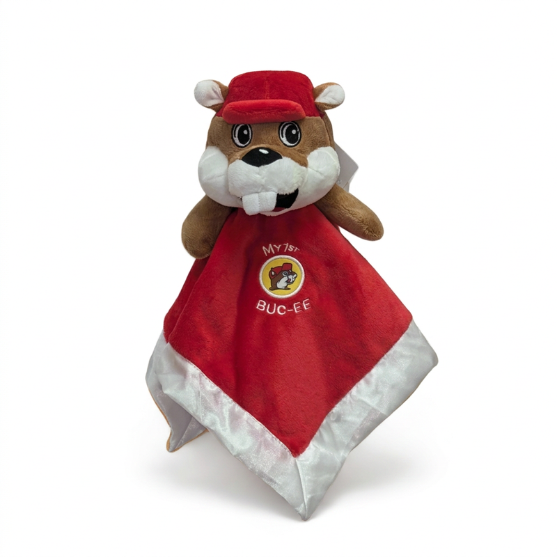 Buc-ee’s baby security plush blanket with a beaver head, red plush body, satin trim, and embroidered “My 1st Buc-ee” logo