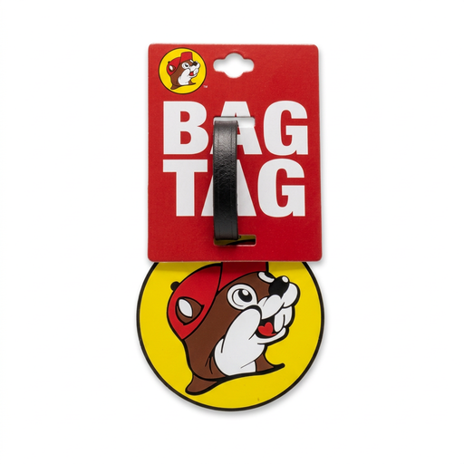 Buc-ee's round yellow bag tag shaped like the Buc-ee the Beaver logo, with a black strap on its red Bag Tag card