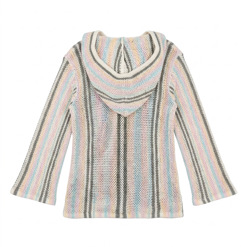 Buc-ee’s Baja Woven Hoodie in the Pastel Stripe Edition, showing the striped hood and see-through open-knit texture