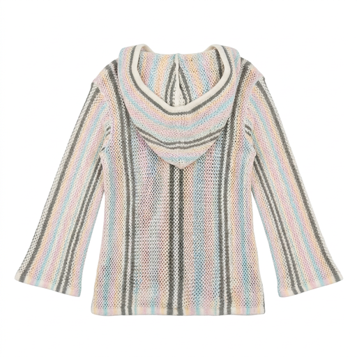 Buc-ee’s Baja Woven Hoodie in the Pastel Stripe Edition, showing the striped hood and see-through open-knit texture