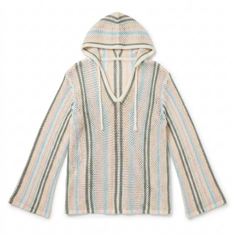 Buc-ee’s Baja Woven Hoodie in the Pastel Stripe Edition, an open-knit pullover with a V-neck drawstring hood and wide sleeves