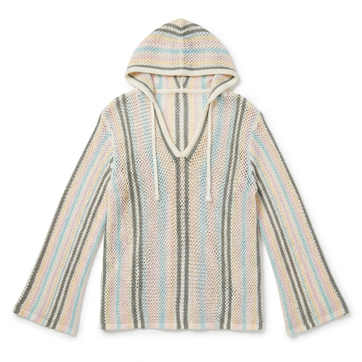 Buc-ee’s Baja Woven Hoodie in the Pastel Stripe Edition, an open-knit pullover with a V-neck drawstring hood and wide sleeves