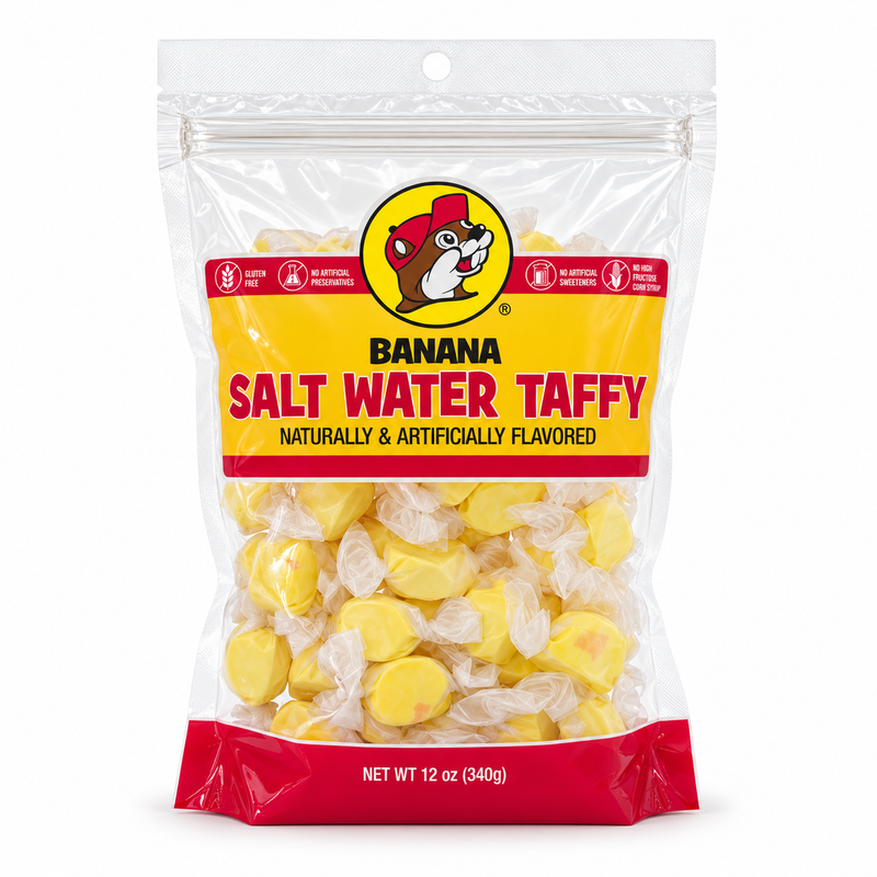 Buc-ee’s Banana Salt Water Taffy, 12 oz resealable bag of individually wrapped yellow candies, gluten free