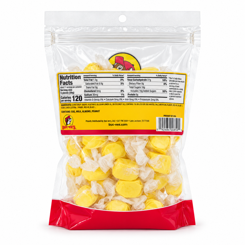 Back of Buc-ee’s Banana Salt Water Taffy bag showing nutrition facts, 120 calories per 5-piece serving, and ingredients