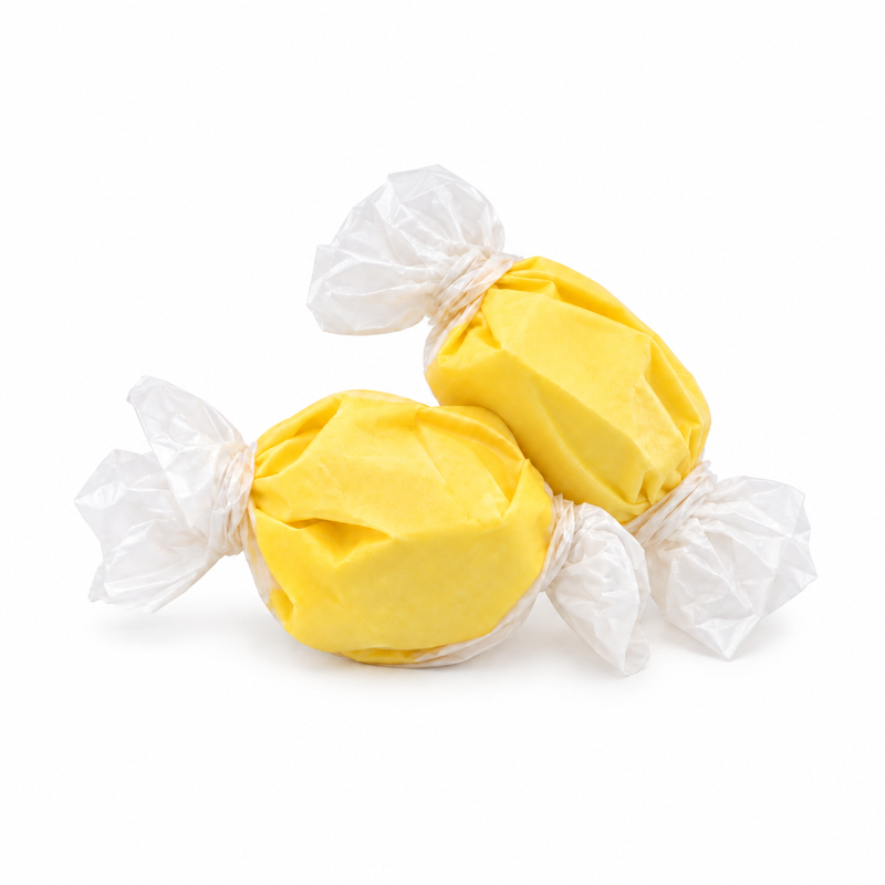 Buc-ee's Banana Saltwater Taffy, two yellow candies twist-wrapped in white wax paper, from a 12 oz bag for gifting