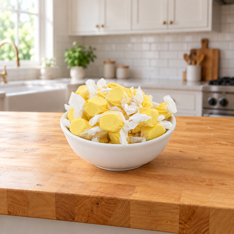 Buc-ee's Banana Saltwater Taffy piled high in a white bowl on a butcher block kitchen counter, ready for sharing