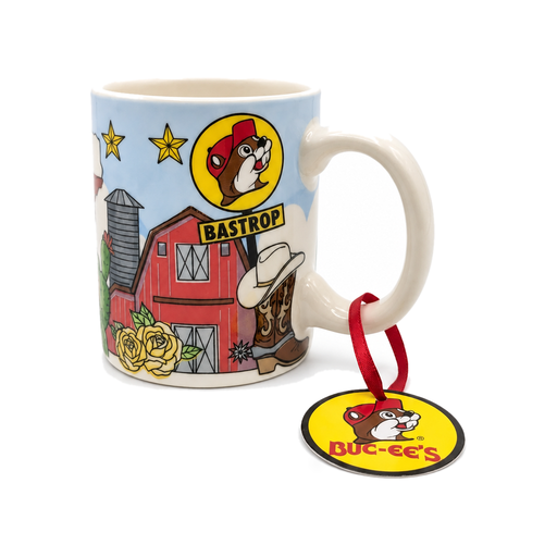 Buc-ee's Bastrop mini mug with red barn, roses and cowboy boot art and a hang tag, on white