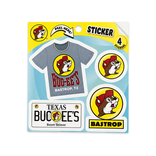 Buc-ee's Bastrop sticker sheet: gray T-shirt, round logo, Texas plate and Bastrop badge