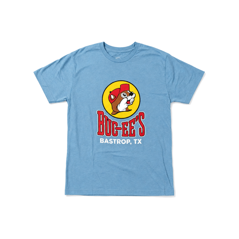 Light blue Buc-ee's Bastrop, TX location t-shirt with Buc-ee the Beaver logo