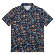 Buc-ee’s BBQ Golf Polo in navy with an all-over neon-style print of grills, burgers, steaks, and beaver logos