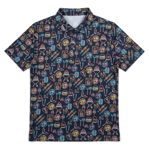 Buc-ee’s BBQ Golf Polo in navy with an all-over neon-style print of grills, burgers, steaks, and beaver logos