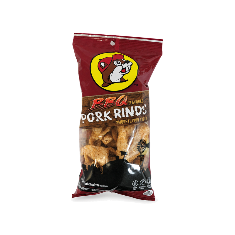 Red bag of Buc-ee's BBQ Pork Rinds
