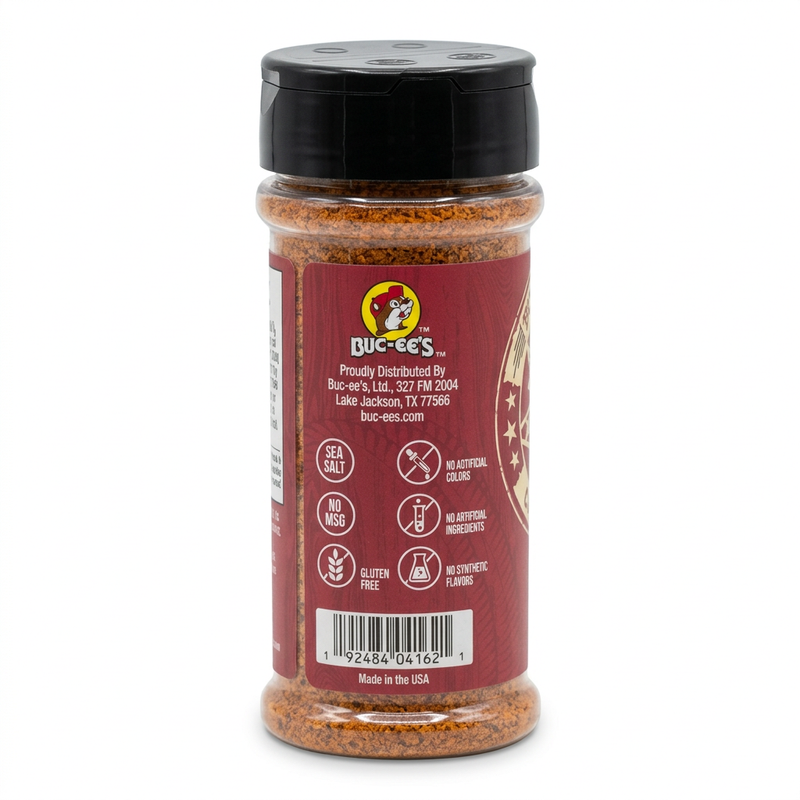 Buc-ee’s BBQ Rub shaker bottle side with gluten free, no MSG, sea salt, and Made in USA claims on a red label