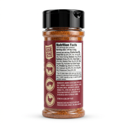 Buc-ee’s BBQ Rub shaker bottle side with nutrition facts, ingredients, and icons for use on beef, pork, and chicken