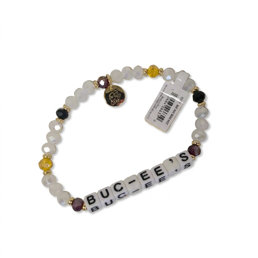 Buc-ee’s beaded bracelet with white faceted beads, yellow and black accents, name letter beads, and a gold beaver charm