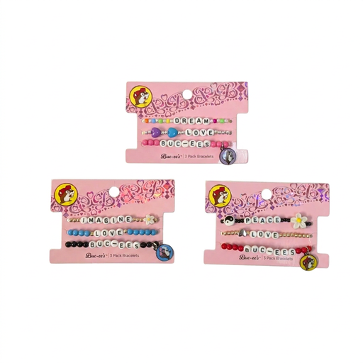 Buc-ee’s 3-Pack Bracelets in Dream, Imagine, and Peace styles, beaded letter bracelets spelling words like “Love” and “Buc-ees” with beaver charms