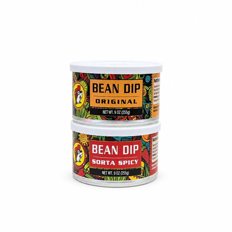 Two stacked 9 oz cans of Buc-ee's Bean Dip, Original and Sorta Spicy, on white