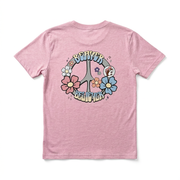 Buc-ee’s Beaver Believer T-shirt in heather pink with a retro peace sign, pastel flowers, and beaver logo print
