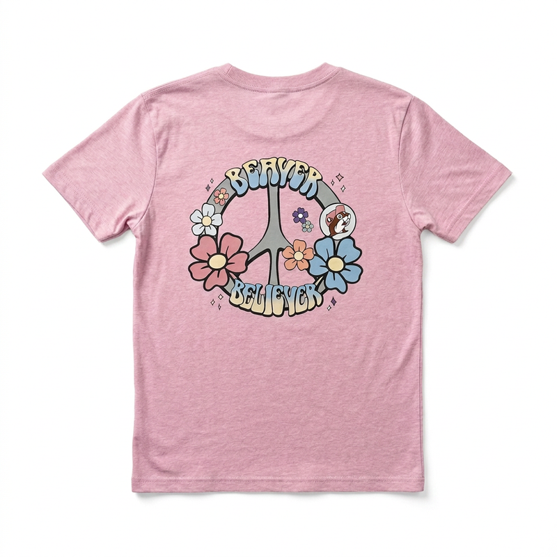 Buc-ee’s Beaver Believer T-shirt in heather pink with a retro peace sign, pastel flowers, and beaver logo print