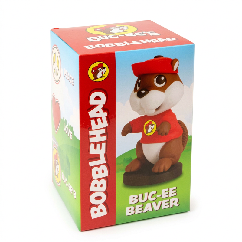 Buc-ee’s beaver bobblehead in its retail box, showing the figure on the front and peace and love icons on the side