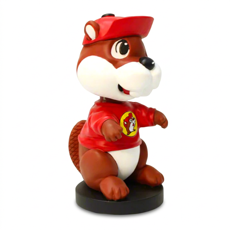 Buc-ee’s beaver bobblehead in a red cap and red logo T-shirt, with a flat tail and round black base,