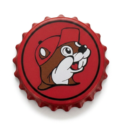 Buc-ee’s Beaver Bottle Cap Opener, a red bottle cap-shaped opener with a crimped edge and the beaver logo printed on top