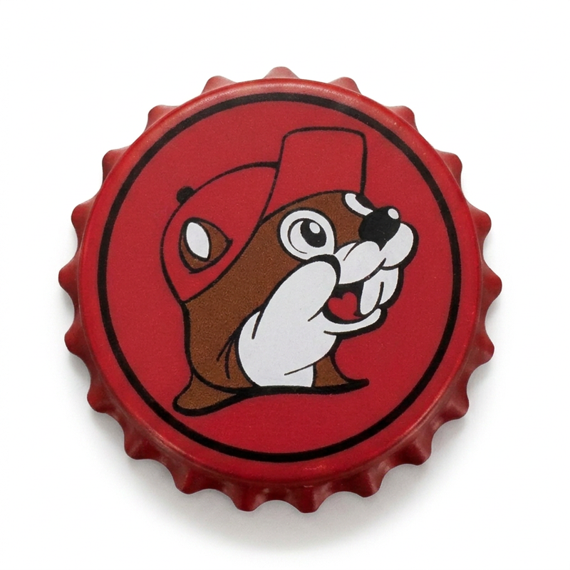 Buc-ee’s Beaver Bottle Cap Opener, a red bottle cap-shaped opener with a crimped edge and the beaver logo printed on top